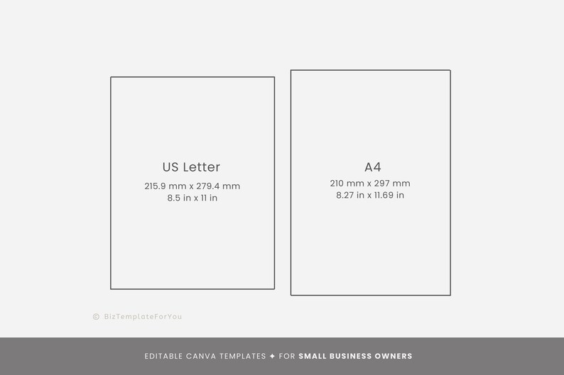 May include: Two white squares with black outlines, each showing the dimensions of a standard paper size. The left square shows "US Letter" with dimensions 8.5 inches by 11 inches. The right square shows "A4" with dimensions 8.27 inches by 11.69 inches.
