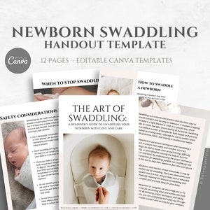 Puede incluir: Un folleto de plantilla Canva para una guía de envoltura de recién nacidos. El folleto incluye 12 páginas de información sobre cómo envolver a un recién nacido, consideraciones de seguridad y cuándo dejar de envolver. La plantilla presenta un fondo gris claro con una superposición de texto blanco. El texto incluye el título "Plantilla de folleto de envoltura de recién nacidos" y el logotipo de Canva.