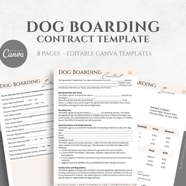 Editable Dog Boarding Contract Template, Dog Kennel Service Agreement, Pet Sitting Service Agreement, Dog Hotel Business Forms