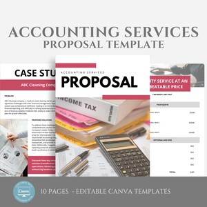 Peut inclure: Un modèle de proposition pour les services comptables. Le modèle comprend une étude de cas, une proposition et une feuille de devis. Le modèle est conçu pour être utilisé avec Canva et est modifiable. Le modèle comporte 10 pages.