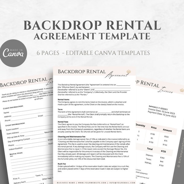 Editable Backdrop Rental Agreement, Party Equipment Rental Contract Template, Backdrop Rental Business Form, including Invoice Template