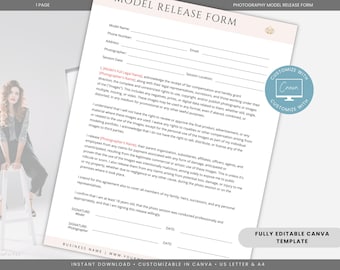 Photography Model Release Form Template,  Editable Canva Model Consent Form for Photographers, Printable Model Agreement Form