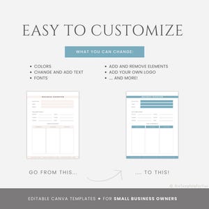 May include: Editable Canva templates for small business owners.  The image shows two versions of a business overview template, one with a pink and white color scheme and the other with a blue and white color scheme.  The text "EASY TO CUSTOMIZE" is at the top of the image.  The text "WHAT YOU CAN CHANGE" is in a blue box.  The text "GO FROM THIS..." is below the pink and white template.  The text "...TO THIS!" is below the blue and white template.  The text "EDITABLE CANVA TEMPLATES FOR SMALL BUSINESS OWNERS" is at the bottom of the image.