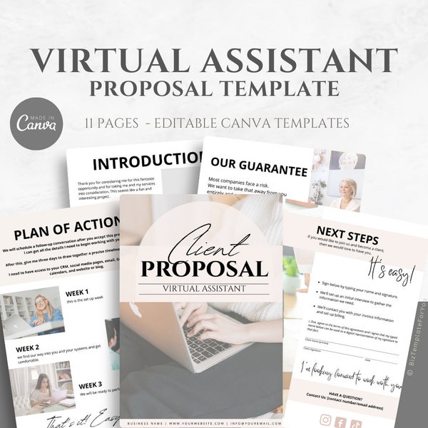Editable Virtual Assistant Proposal Template, Freelance Personal Assistant Services Proposal, fully editable in Canva