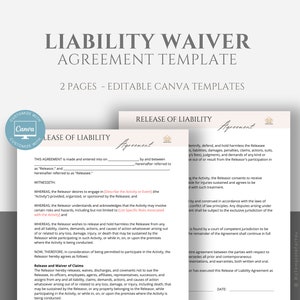 Editable Release of Liability Agreement Template, Liability Waiver, Liability Damage Waiver, Liability Form Contract, Release Form, Canva