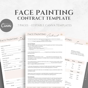 Editable Face Painting Contract Template, Event Face Painter Intake Form, Face Painting Service Agreement, Invoice Template, Canva editable