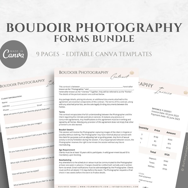 Editable Boudoir Photography Contract Template. Boudoir Photography Client Contract. Boudoir Session Forms for Photographers. Canva Template