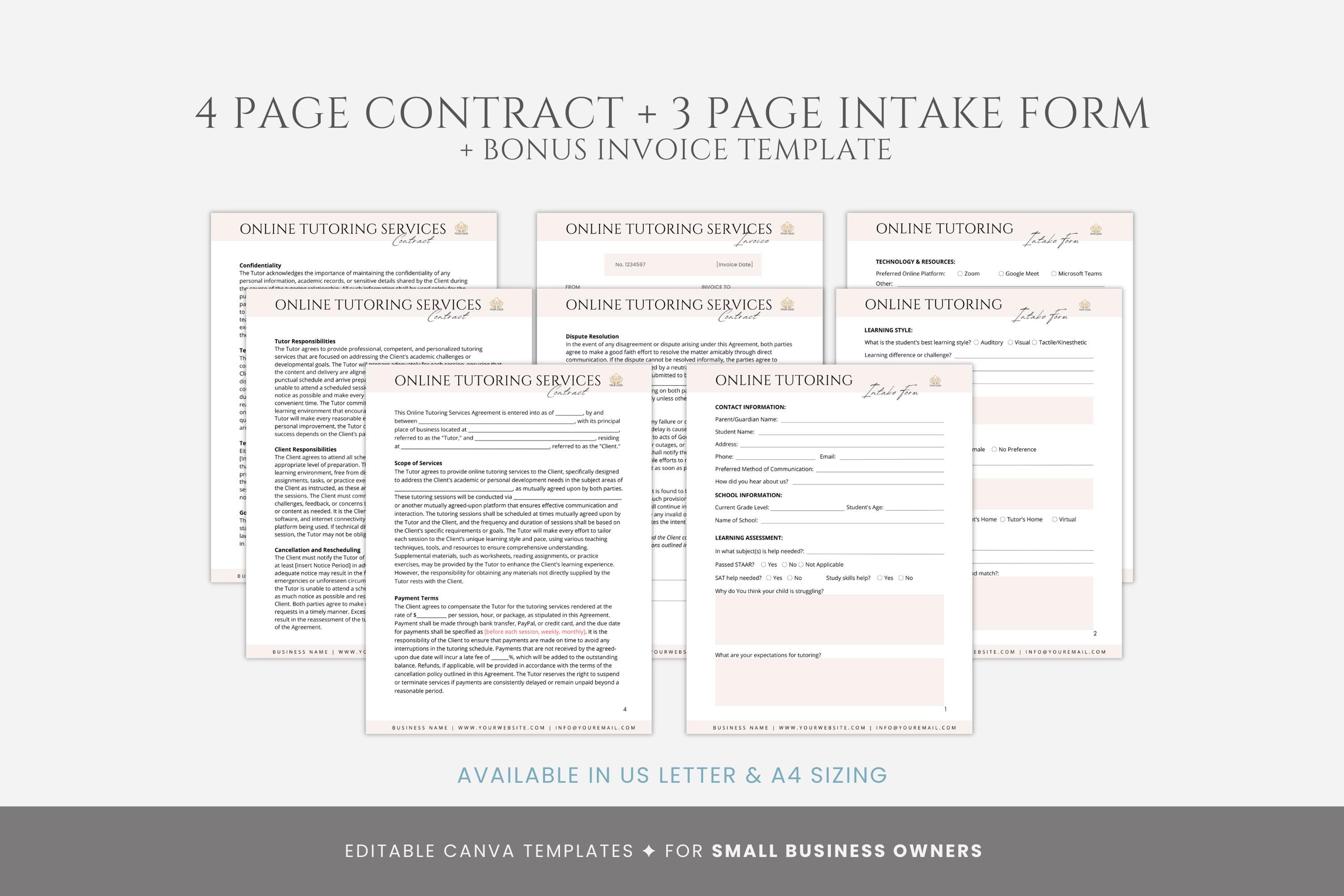 Tutor Client Intake Form Editable Online Tutoring Forms Bundle, Tutoring Service Agreement ...