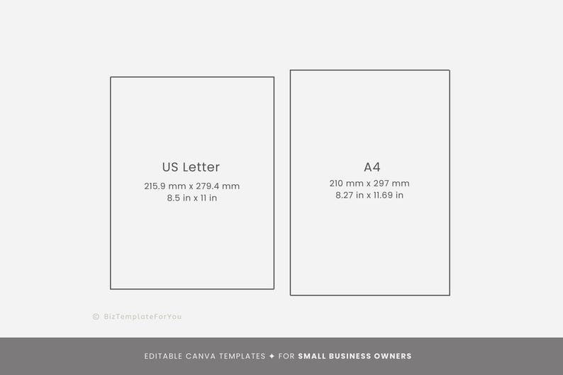 Op de afbeelding: Twee witte vierkanten met zwarte contouren, die elk de afmetingen van een standaard papierformaat tonen. Het linker vierkant toont "US Letter" met afmetingen van 8,5 inch bij 11 inch. Het rechter vierkant toont "A4" met afmetingen van 8,27 inch bij 11,69 inch.