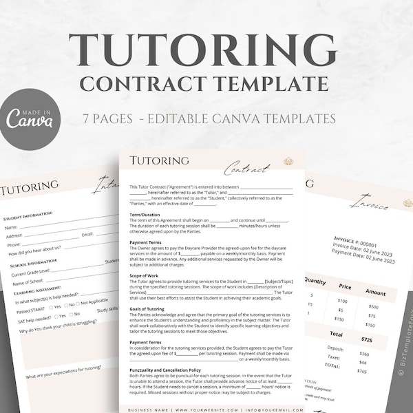 Editable Tutoring Contract Template, Tutoring Service Agreement, Professional Tutor Business Forms, incl. Intake Form and Invoice, Canva