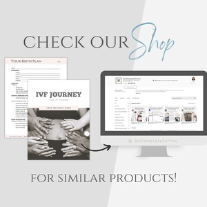 May include: A digital screen displaying a website with a variety of printable products, including a birth plan and an IVF journey planner. The website is called "BizTemplatesForYou".