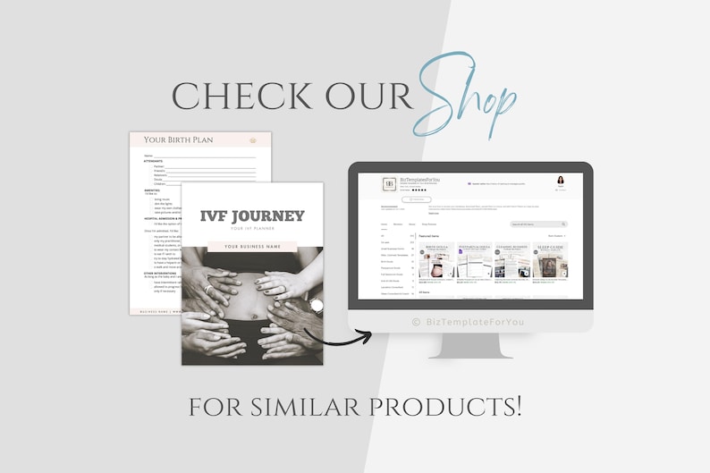 May include: A digital screen displaying a website with a variety of printable products, including a birth plan and an IVF journey planner. The website is called "BizTemplatesForYou".