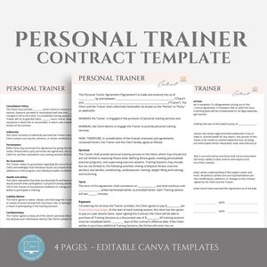 Editable Personal Trainer Contract, Personal Training Business Forms, Fitness Service Agreement,   Fitness Coach Canva Template