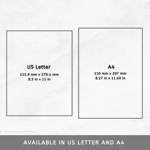 May include: Two white rectangles with black outlines, each showing the dimensions of a standard US Letter and A4 paper size in both inches and millimetres. The text "AVAILABLE IN US LETTER AND A4" is below the rectangles.