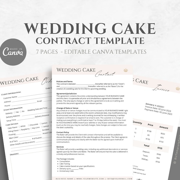 Editable Wedding Cake Contract Template, Wedding Cake Order Form, Bakery Service Agreement, Invoice Template, Canva editable