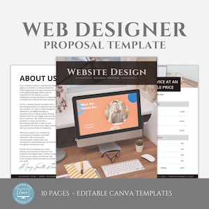 May include: A proposal template for website design services. The template includes a section about the company, a section on website design, and a pricing section. The template is designed to be used with Canva.