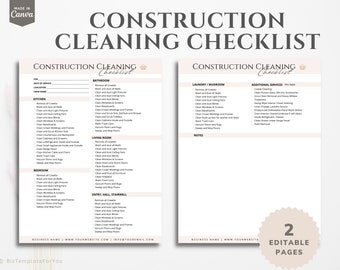 Construction Cleaning Checklist, Editable House Cleaning Checklist, Professionally designed Form for Cleaning Service Business, Canva Design