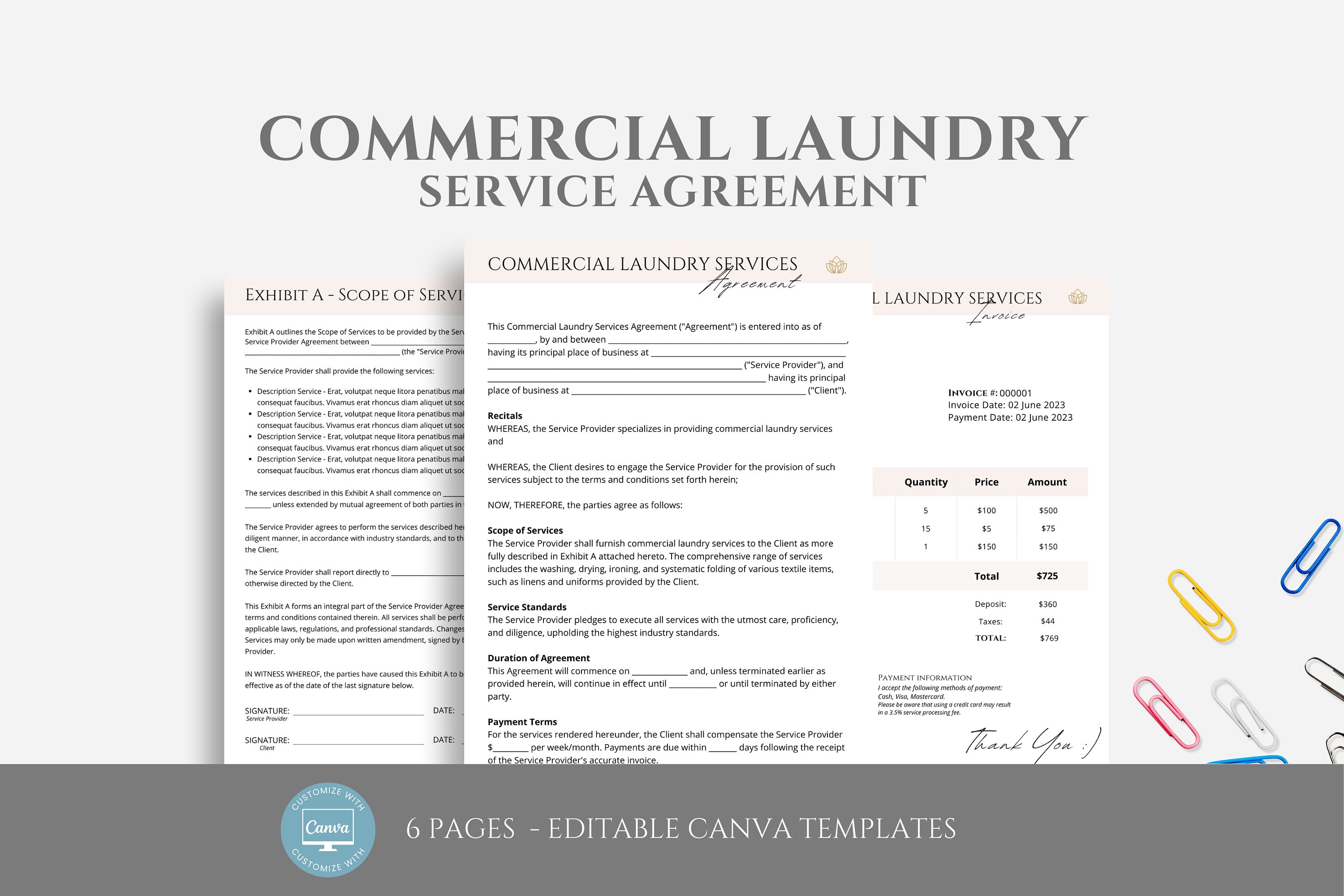 Editable Commercial Laundry Service Agreement Template, Pick and Delivery Laundry Service Contract, Linen Laundry Business, Canva templ.