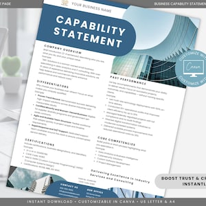 May include: A business capability statement template in blue and white. The document includes sections for company overview, differentiators, fast performance, core competencies, and certifications. The text "Customize with Canva" is visible.