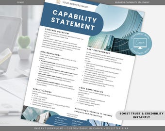 Editable Business Capability Statement Template, Capability Statement for Government Contracting, Small Business Marketing Sheet, Canva