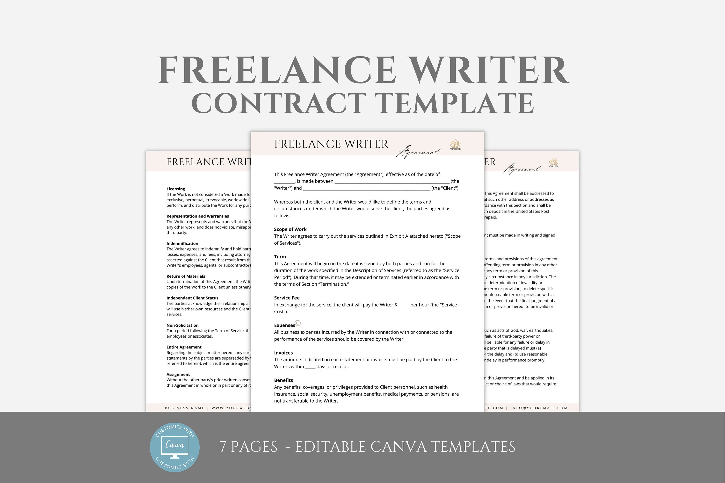 Editable Freelance Writer Contract Template, Writer Service Agreement ...