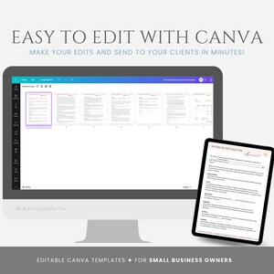May include: A computer screen displaying a Canva document with a contract template. A tablet shows a similar document with the text "Interior Decorator" and a signature line. The text "Easy to Edit with Canva" is displayed above the image.
