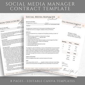 Puede incluir: Una plantilla de contrato de administrador de redes sociales con un acuerdo de confidencialidad, servicios y una factura de gesti&oacute;n de dia. La plantilla est&aacute; dise&ntilde;ada para usar con Canva y es editable. La factura incluye una cantidad, precio e importe para cada art&iacute;culo.