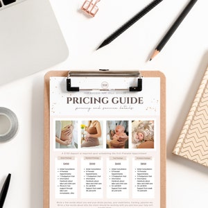 May include: A pricing guide for a photography service with four packages: Basic, Standard, Top, and Premium. The packages include different services, such as initial consultations, prenatal appointments, and labor and child care support. A deposit of $2152 is required upon scheduling the first prenatal appointment.