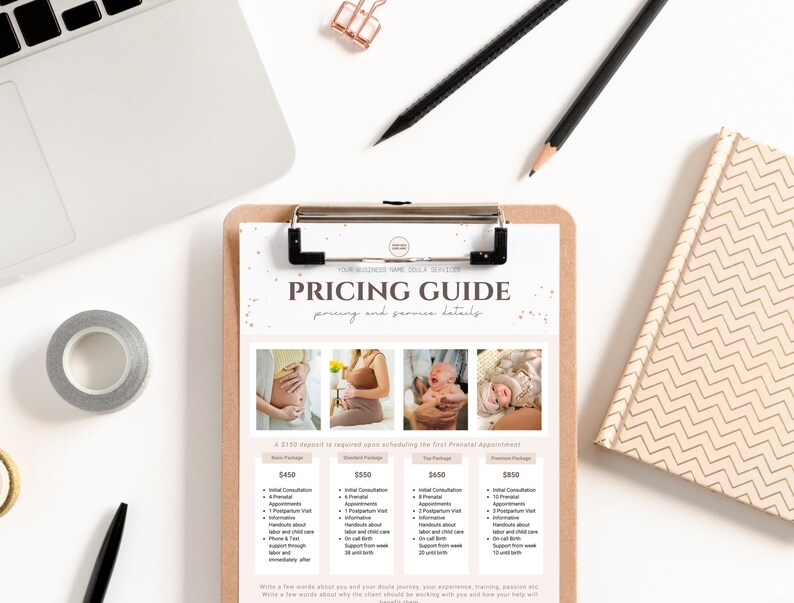 May include: A pricing guide for a photography service with four packages: Basic, Standard, Top, and Premium. The packages include different services, such as initial consultations, prenatal appointments, and labor and child care support. A deposit of $2152 is required upon scheduling the first prenatal appointment.