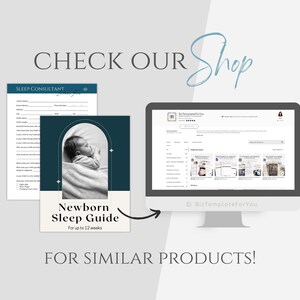 May include: A digital mockup of a printable newborn sleep guide for babies up to 12 weeks old. The guide features a baby sleeping peacefully in a white swaddle. The text "Newborn Sleep Guide" is in a modern font with a teal background. The image also shows a computer screen with a website displaying similar products.
