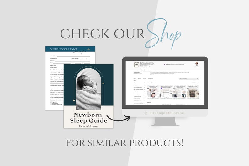 May include: A digital mockup of a printable newborn sleep guide for babies up to 12 weeks old. The guide features a baby sleeping peacefully in a white swaddle. The text "Newborn Sleep Guide" is in a modern font with a teal background. The image also shows a computer screen with a website displaying similar products.