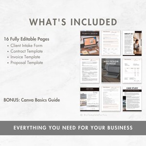May include: A digital product bundle for web designers, including 16 fully editable pages, such as a client intake form, contract template, invoice template, and proposal template. The bundle also includes a Canva basics guide. The image shows a variety of pages with different headings, including "Website Design", "About Us", "Web Design Bundle", and "Case Study".