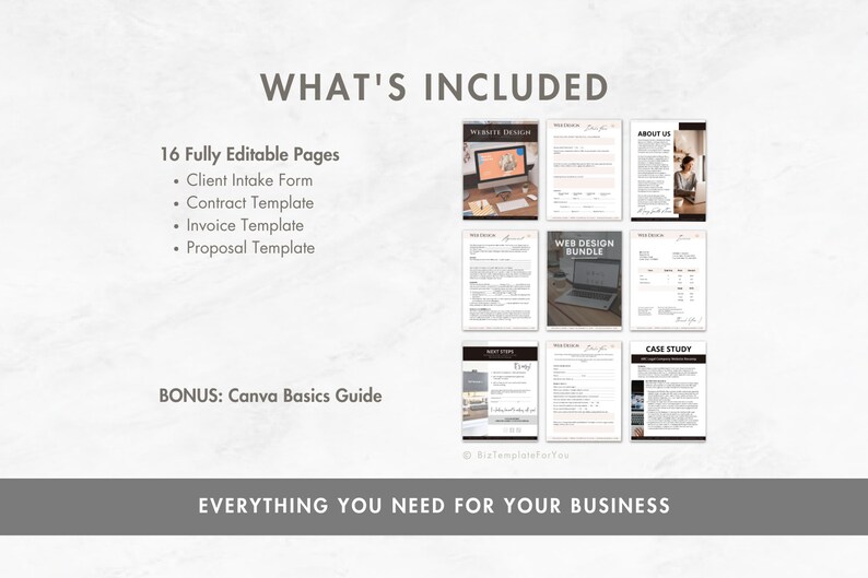 May include: A digital product bundle for web designers, including 16 fully editable pages, such as a client intake form, contract template, invoice template, and proposal template. The bundle also includes a Canva basics guide. The image shows a variety of pages with different headings, including "Website Design", "About Us", "Web Design Bundle", and "Case Study".