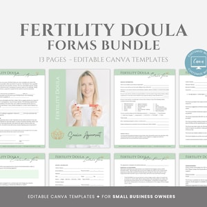 Puede incluir: Un paquete de productos digitales de 13 plantillas de Canva editables para doulas de fertilidad. Las plantillas incluyen un acuerdo de servicio, un formulario de admisión y una lista de verificación del cliente. La imagen muestra a una mujer sosteniendo una prueba de embarazo.
