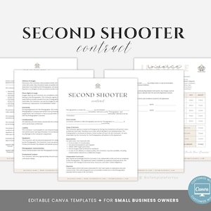 Könnte beinhalten: Bearbeitbare Canva-Vorlagen für Kleinunternehmer, mit einem Vertrag für einen zweiten Fotografen. Der Vertrag enthält Abschnitte für Veranstaltungsdetails, Leistungsumfang, Erwartungen, Vergütung und mehr. Die Vorlage ist so konzipiert, dass sie mit Canva angepasst werden kann.