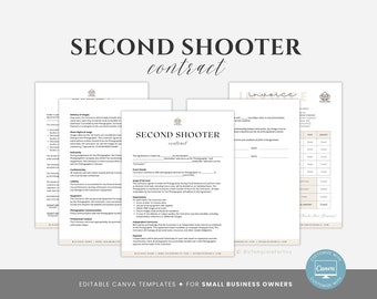 May include: Editable Canva templates for small business owners, featuring a contract for a second shooter photographer. The contract includes sections for event details, scope of services, expectations, compensation, and more. The template is designed to be customized with Canva.