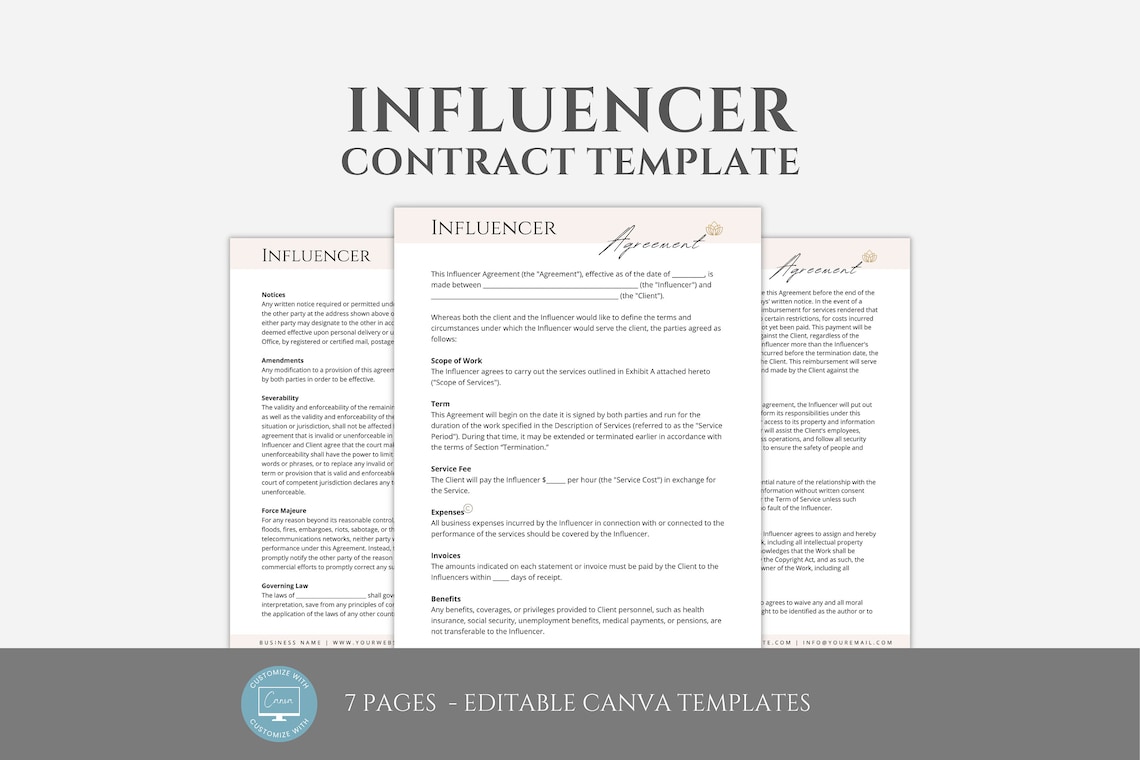 Editable Influencer Contract Template, Influencer Service Agreement