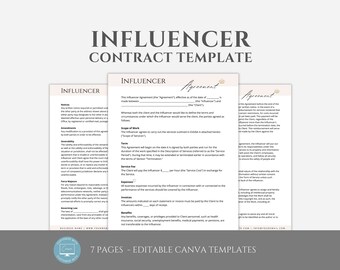 Editable Influencer Contract Template, Influencer Service Agreement, Independent Contractor Agreement, Small Business Template, Canva editab