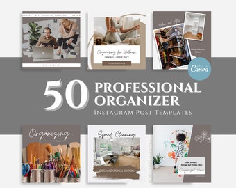 Puede incluir: Un conjunto de 50 plantillas de publicaciones de Instagram para organizadores profesionales. Las plantillas presentan una variedad de imágenes, que incluyen a una persona meditando, un armario antes y después de la organización, una habitación con materiales de arte, una habitación con un escritorio y sillas, y un niño dibujando en una pared. El texto en las plantillas incluye "Organizar para el bienestar", "Limpieza rápida", "Organizar" y "Hogar organizado".