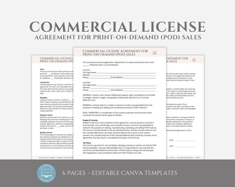 May include: A commercial license agreement for print-on-demand (POD) sales. The agreement includes sections for the licensor and licensee, outlining the terms and conditions of the agreement. The document is designed for use with print-on-demand services.