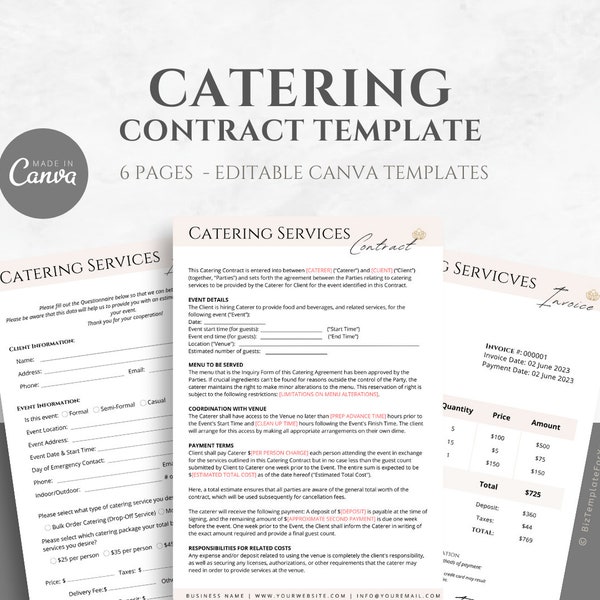 Editable Catering Contract Template, Catering Order Form, Catering Service Agreement, Invoice Template, Canva editable