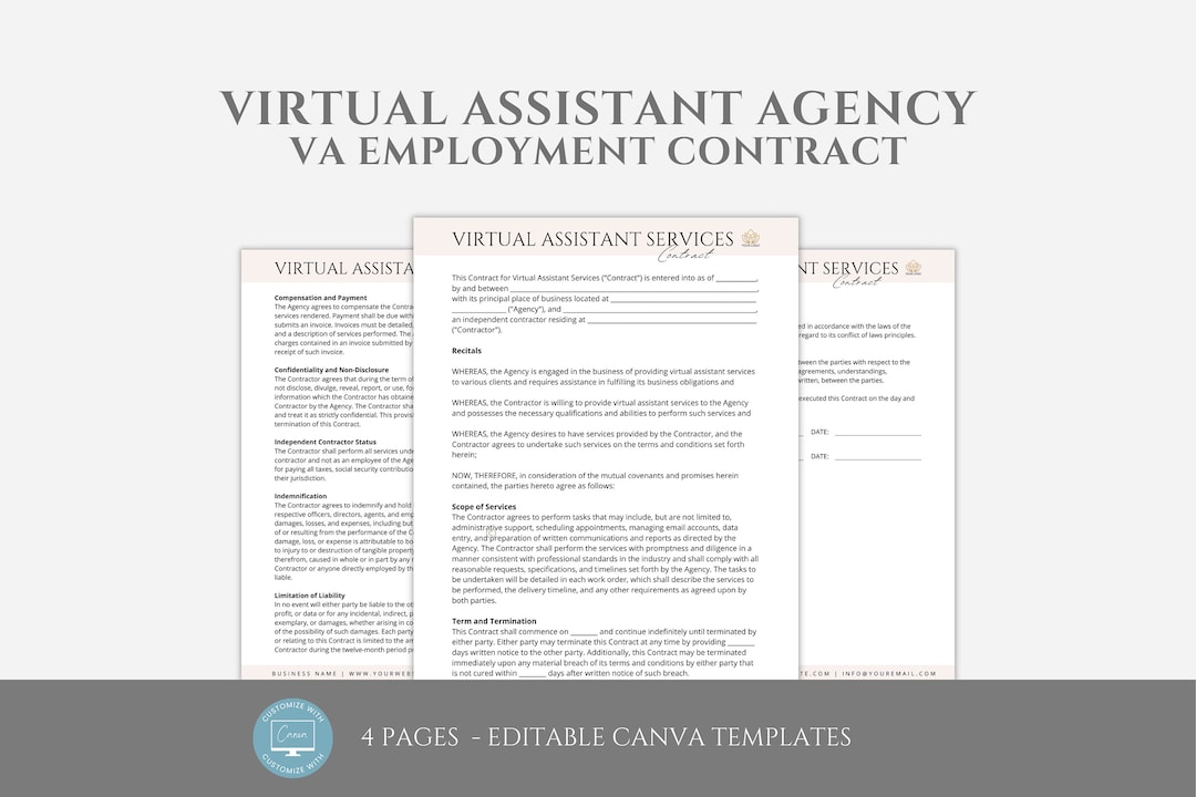 Editable Virtual Assistant Agency Employment Contract Template, Service ...
