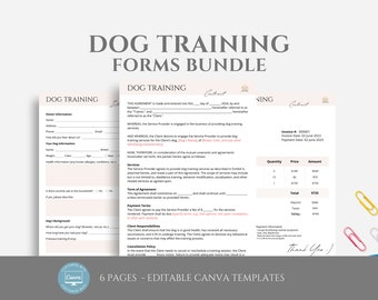 May include: A set of six printable dog training forms in a bundle. The forms are editable Canva templates and include a contract, invoice, and client information sheets. The forms are designed to help dog trainers manage their business.