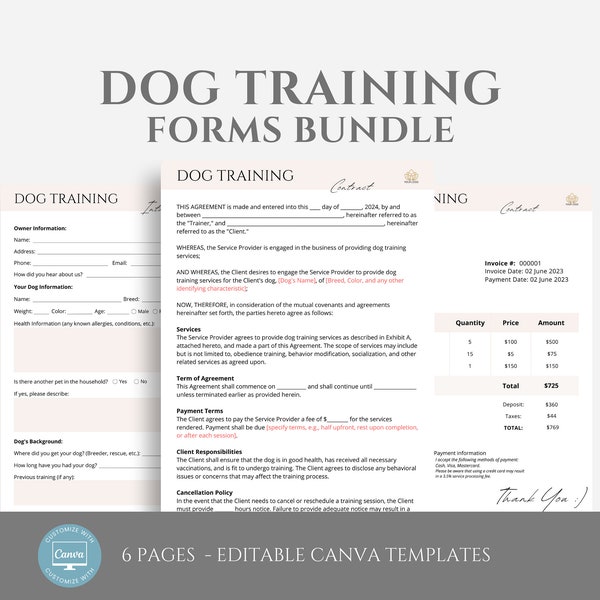 Editable Dog Training Contract Template, Dog Trainer Templates, Dog Training Service Agreement, Dog Training Business Forms, Canva editable