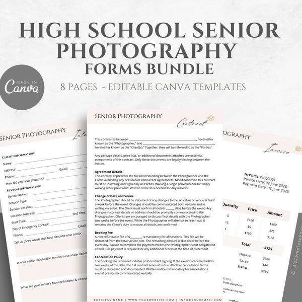 Editable Senior Photography Contract Template, High School Senior Photography Service Agreement, Professional Photo Shoot, Canva Template