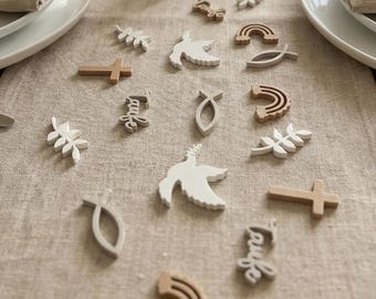 Decorazioni per battesimo, decorazioni per la tavola del battesimo, coriandoli per battesimo con arcobaleno, pesce, croce, colomba e ramo, coriandoli riutilizzabili, decorazioni per celebrazioni del battesimo