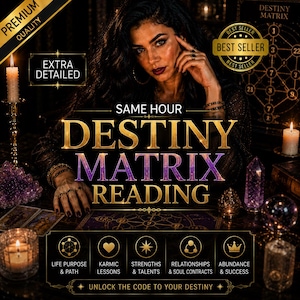 May include: An advertisement for a Destiny Matrix Reading. The image features a woman with dark hair, surrounded by candles, crystals, and tarot cards. Text includes "Destiny Matrix Reading", "Same Hour", and icons representing life purpose, karmic lessons, strengths, relationships, and abundance.