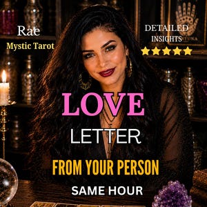 May include: An image featuring a woman with long dark hair, adorned with jewelry, and a deep red lip color. The text on the image reads "LOVE LETTER FROM YOUR PERSON SAME HOUR". The background includes candles, a crystal ball, and the words "Rae Mystic Tarot".
