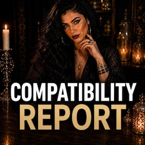 Op de afbeelding: De afbeelding toont de tekst "COMPATIBILITY REPORT" in witte en gouden letters. Op de achtergrond is een vrouw met donker haar en make-up te zien. De scène is zwak verlicht met kaarsen en decoratieve lantaarns, wat een mystieke sfeer creëert.