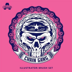 May include: A white skull with a blue bandana and a chain link design around it. The text "Chain Gang" is written on a banner below the skull. The image is on a pink background and says "Illustrator Brush Set" at the bottom.